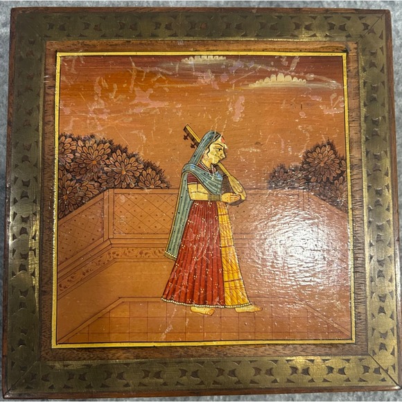 Other - Vintage Indian Hand Painted Wooden Trinket Box Brass Inlay Red Velvet Lining